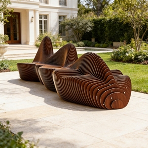 Y508 Banco Decorativo de Madera Hecho a Mano con Líneas Onduladas para Sala de Estar, Decoración de Hotel, Área de Recepción, Oficina - Product Image 5