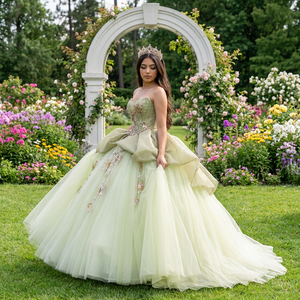 Spjy002 Elegante Vestido de Quinceañera Verde Claro, Sin Tirantes, con Corsé, Apliques de Flores con Lentejuelas, Vestido de Tul con Falda Abultada, Jancember - Product Image 1