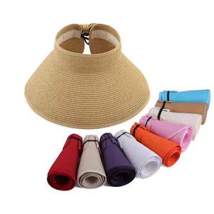 Sombrero de paja plegable con visera de protección UV para mujer, sombrero de paja de papel portátil, visera ancha para playa y sol