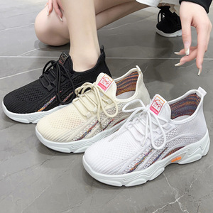 Zapatillas Deportivas para Mujer, Suela Gruesa, Tacón Medio, Transpirables, de Malla, Casuales, Blancas, Negras, Beige, con Diseño de Rayas - Product Image 1