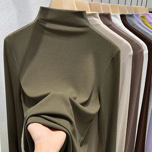High Neck Long Sleeve Solid Color T-Shirt Women Autumn Winter Warm Slim Fit Base <b>Layer</b> Fleece Lined Stretchy Knit <b>Top</b> - Product Image 1