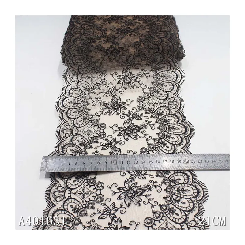 Vivid 20cm Chantilly Embroidery Black Flowers Lace Trim Polyester Fabric Nude Mesh Laces for Dresses