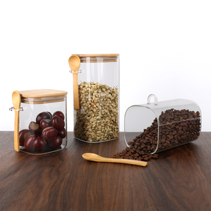 Tapa hermética Cocina cuadrada Almacenamiento en el hogar Frascos de vidrio Contenedores <span class=keywords><strong>con</strong></span> tapas de bambú y <span class=keywords><strong>cuchara</strong></span> - Product Image 1