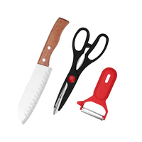 Ensemble de couteaux Santoku, ciseaux, éplucheur, manche en bois, acier inoxydable tranchant pour la cuisson et le tranchage, 3 pièces les plus vendues
