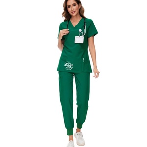Women's Stretch V-Neck Nurse <b>Scrub</b> <b>Top</b> & Jogger Pant Set with 8 Pockets 100% Polyester Hospital <b>Scrubs</b> - Product Image 2