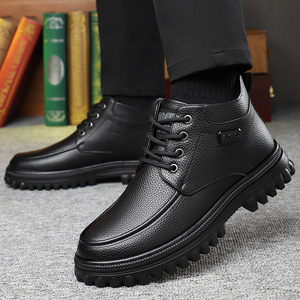 Botas de nieve de invierno para hombre, zapatos informales con cordones de cuero negro, suela gruesa, impermeables, cálidos, con forro de algodón, para personas de mediana edad y mayores - Product Image 4