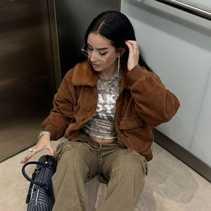 Veste en velours côtelé marron, col court en teddy, fermeture éclair, doublure en sherpa, streetwear rétro, crop top baddie - Product Image 5