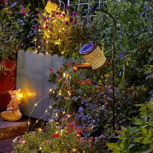 Chaleira de metal solar lâmpada rega pode luzes com estaca gancho luzes solares do jardim