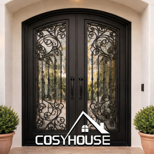 Puertas Dobles <span class=keywords><strong>de</strong></span> Hierro Forjado <span class=keywords><strong>de</strong></span> Lujo, Modernas Puertas <span class=keywords><strong>de</strong></span> Entrada <span class=keywords><strong>de</strong></span> Hierro Negro <span class=keywords><strong>para</strong></span> Casa o Villa, Entrada Principal <span class=keywords><strong>Exterior</strong></span> - Product Image 1