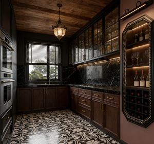 Gabinetes de Cocina de Madera Oscura Grandiosos y Personalizados BALOM - Muebles Elegantes con Almacenamiento de Puertas de Vidrio y Organización con Detalles en Dorado - Product Image 3