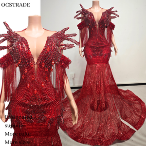 Vestido de Noche Elegante Ocstrade, Hecho a Mano, Personalizado, con Lentejuelas Rojas de Diamante, Hombros con Borlas, Pedrería Completa, Abertura Lateral, Estilo Sirena - Product Image 1
