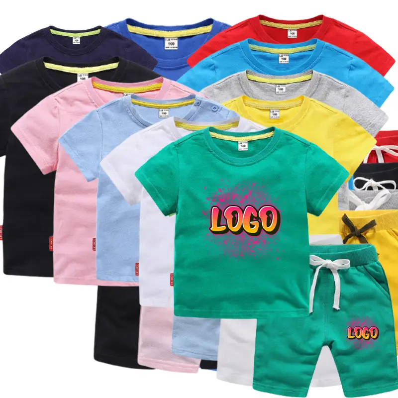 Custom Logo Children Suits Cotton Summer Boy/Girl Soft T-shirt +Beach Shorts Suit Kids Solid Infant Toddler Clothes