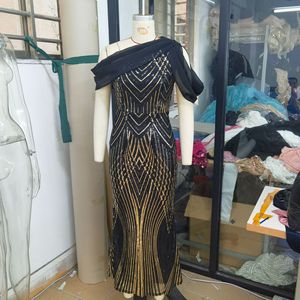 2026 In-Stock Hot Sale European and American New Style Women's Dress One-Shoulder Chiffon <b>Patchwork</b> Sequin Long Dress Party Gown - Product Image 4