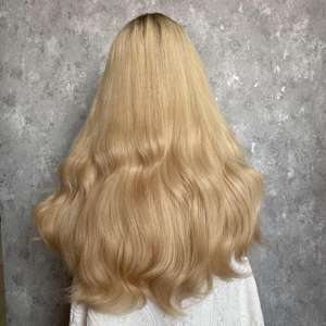 HD Lace Front Mono Top Perruque Longue Ligne Droite Vague Profonde <span class=keywords><strong>Beige</strong></span> Clair <span class=keywords><strong>Blond</strong></span> <span class=keywords><strong>Platine</strong></span> Blonde Racines Foncées Utilisation de Cheveux Produit Capillaire - Product Image 4