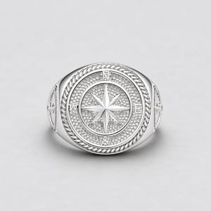 Bague en argent sterling 925 - Bague signet gravée avec une rose de la boussole - Product Image 5