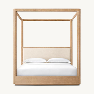 Rh कॉर्टा फ्रेंच दीवार बिस्तर राजा आकार चार पोस्टर ठोस लकड़ी के फ्रेम बेज असस्टर्ड हेडबोर्ड लक्जरी सफेद लिनन डिजाइन - Product Image 5