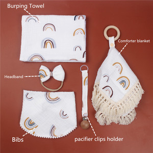 <strong>Baby</strong> Stuff for Newborn Burping Towel + Wooden Ring Soothing Security Blanket + <strong>Headband</strong> + Bandana Bibs + Pacifier Clips Holder - Product Image 2