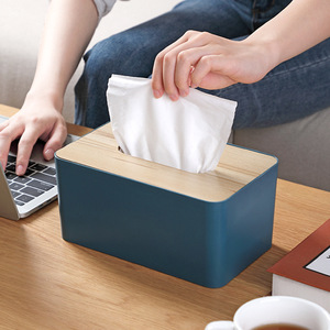 Tissue Box Blue Wood Top Desktop Home Office Multipurpose Storage Box - Product Image 1