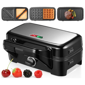 Machine à petit-déjeuner multifonction 3-en-1 - Plaques interchangeables pour sandwichs, gaufres et grillades, noir, acier inoxydable - Product Image 1