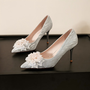 6681X-078 Classic Bridal High Heels Organza Beaded Floral Print Wedding Shoes Women's - Product Image 1