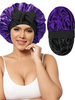 Topi Tidur Satin Bergaris Dua Lapis dengan Pita yang Dapat Disesuaikan, Topi Rambut Sutra Buatan dengan Ikat Pita, Bonnet Dua Sisi