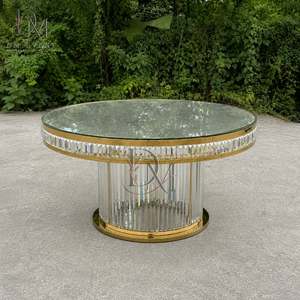 Table de banquet de mariage ronde sur mesure en acier inoxydable doré avec base à franges de cristal et plateau en verre trempé miroir - Product Image 3