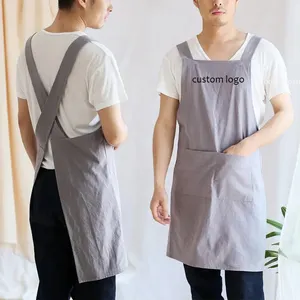 Japan Style Accept Customize Kitchen Solid Color Cotton Crossband Big Size Apron With Pockets