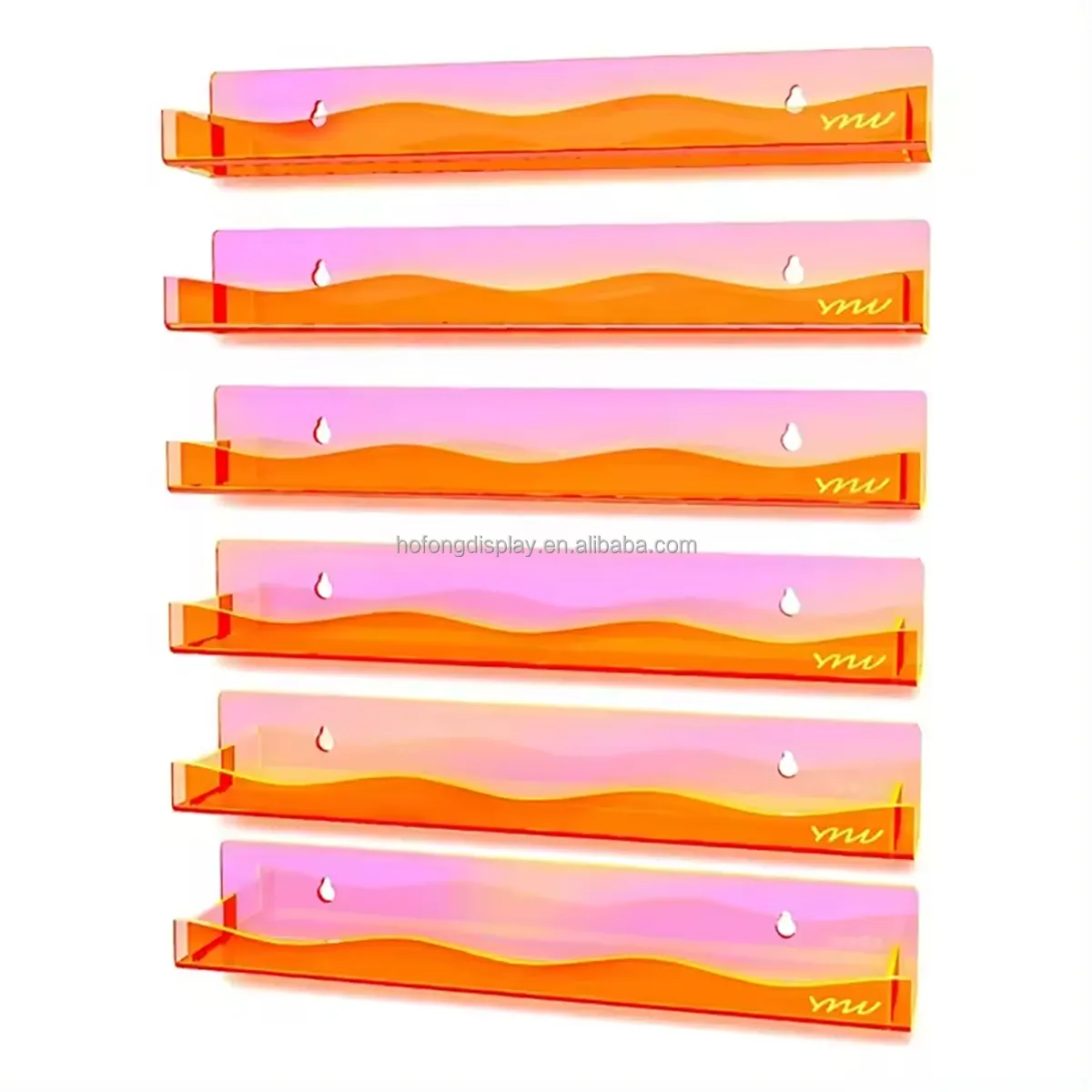Nouveau design Organisateur de vernis à ongles en acrylique orange fluorescent Support de vernis à ongles de 15 pouces Étagère murale avec bord ondulé