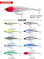 Vente en gros OEM Leurre dur coulant type crayon 110mm 34g avec hameçon triple pour pêche en eau salée et eau douce