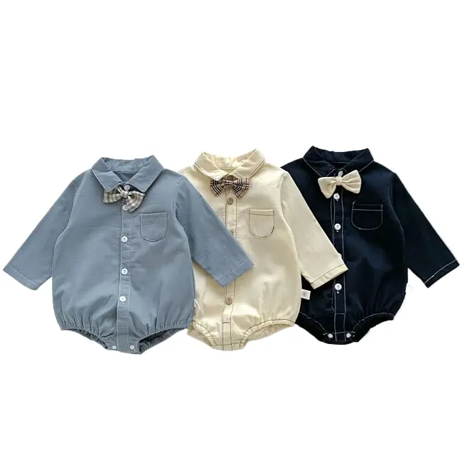 Customize Baby Jumpsuit Handsome Gentleman Bow Tie Birthday Party Formal Shirt Climbing Suit Cotton Solid Rompers Kids Soft Wear