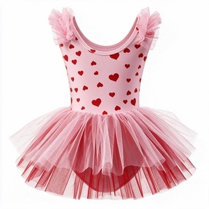 Robe tutu pour filles à imprimé cœur, manches à volants, justaucorps de ballet, robe de danse en tulle superposé, tenue de fête printanière - Product Image 2