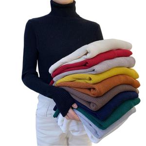 Suéter de punto elástico de manga larga para <span class=keywords><strong>mujer</strong></span>, <span class=keywords><strong>cuello</strong></span> <span class=keywords><strong>alto</strong></span>, ajustado, informal, color liso, para otoño - Product Image 1