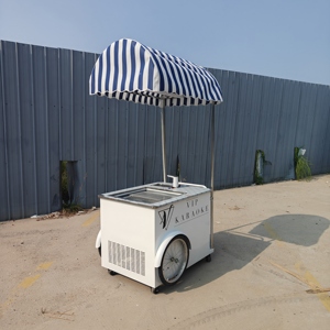 Chariot mobile pour la vente de glaces en acier inoxydable avec auvent rayé bleu et blanc - Product Image 2