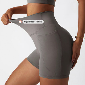 Shorts de yoga taille haute pour <span class=keywords><strong>femme</strong></span>, sensation seconde peau, couleur unie, séchage rapide, pour entraînement, course et gym, avec poche, qualité supérieure personnalisée - Product Image 5