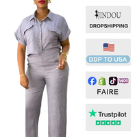 Ensemble tendance été, chemise à manches courtes boutonnée décontractée avec pantalon large, en tricot extensible/polyester, coupe classique