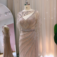 Robe de soirée arabe champagne de luxe de Dubaï pour femmes Robe de soirée moderne de grande taille avec cape perlée SCZ203-1