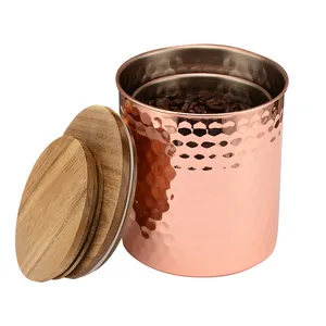 Custom Metalen Verkoperde Gehamerde Roestvrijstalen Pot Luchtdichte Bus Voedsel Opslag Container Thee Koffie Pot Met Houten Deksel