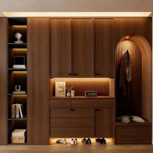 Balom Italian Luxury Retro Wooden <b>Wardrobe</b> Whole Wall Bedroom Closet with LED Light Arch Storage for Home Hotel - Product Image 4