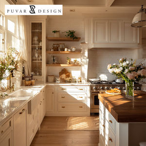 Gabinetes de Cocina de Madera Maciza Blanca, Diseño de <span class=keywords><strong>Isla</strong></span> Abierta, Estilo Rústico Francés Personalizado - Product Image 1