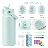 Bouteille d'eau personnalisée 32oz à large ouverture, gourde isotherme double paroi en acier inoxydable avec couvercle à clapet et paille