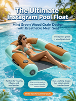 Tendance 2026 : Flotteur de piscine gonflable vert menthe à motif bois avec siège en maille, transat aquatique Instagram pour adultes, idéal pour les fêtes à la plage