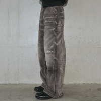 Fabricant de pantalons personnalisés pour hommes : Jeans baggy effet vieilli, Pantalons de charpentier en toile grise double genouillère, délavés à la pierre et effet vintage vieilli
