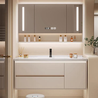 Ensemble de coiffeuse de salle de bain à vasque intégrée en céramique laquée chêne massif de style moderne armoire à miroir intelligente évier de salle de bain pour salles de bain