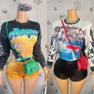 Peeqi 女式夏季环保棉质氨纶街头服饰图案印花套头衫长袖上衣和短裤 <span class=keywords><strong>2</strong></span> 件套休闲套装 - Product Image 2