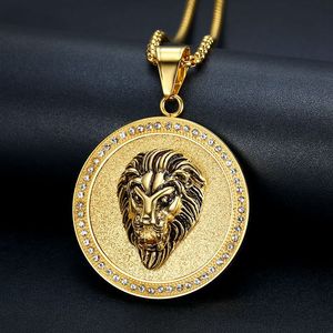 Collier pendentif tête de lion Hip Hop en acier inoxydable plaqué or pour homme, bijou de fête, motif animal du zodiaque, serti pavé - Product Image 1