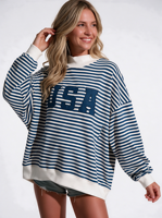 Sweater Mockneck Wanita Bergaris Gaya Barat Polka Dot Katun Fleece Longgar Streetwear Kasual Pullover Atasan