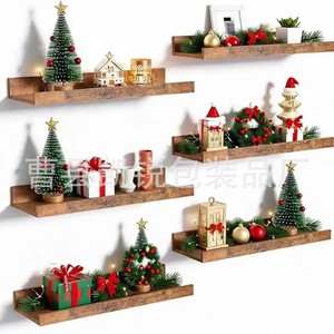 Wooden Floating <b>Shelf</b> <b>Wall</b> <b>Mounted</b> Rectangle 1 Layer Christmas Decoration Display Rack Living Room Storage Organizer - Product Image 2