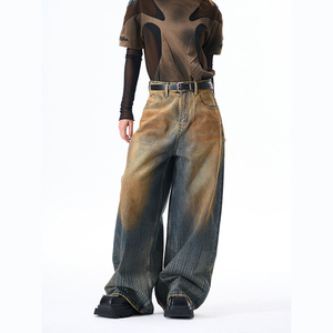 Nuevos pantalones <span class=keywords><strong>vaqueros</strong></span> de mezclilla de pierna ancha estilo americano vintage para <span class=keywords><strong>hombre</strong></span>, de alta calidad, desgastados y lavados, con efecto cola de gato, holgados. - Product Image 1
