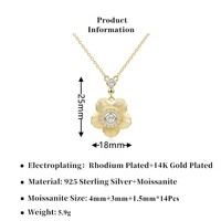 Collier pendentif fleur en argent sterling S925 plaqué or 14 carats brossé avec moissanite incrustée pour femme, idéal pour les fiançailles et les soirées