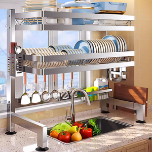 Égouttoir à vaisselle moderne et élégant à double niveau en acier inoxydable pour évier de cuisine et comptoir, idéal pour assiettes et bols - Product Image 1